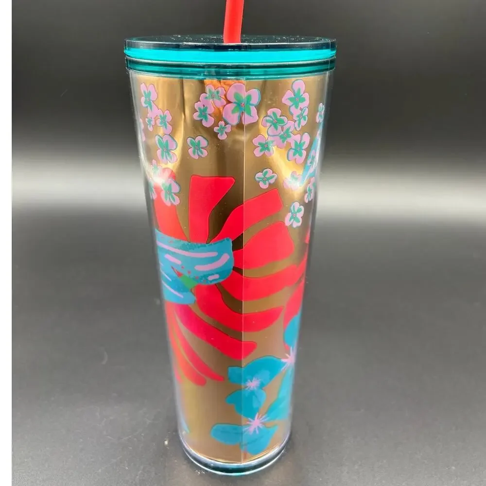 Starbucks 24 oz Reusable Cold Cup Tumbler Tropical Floral Teal Lid Straw